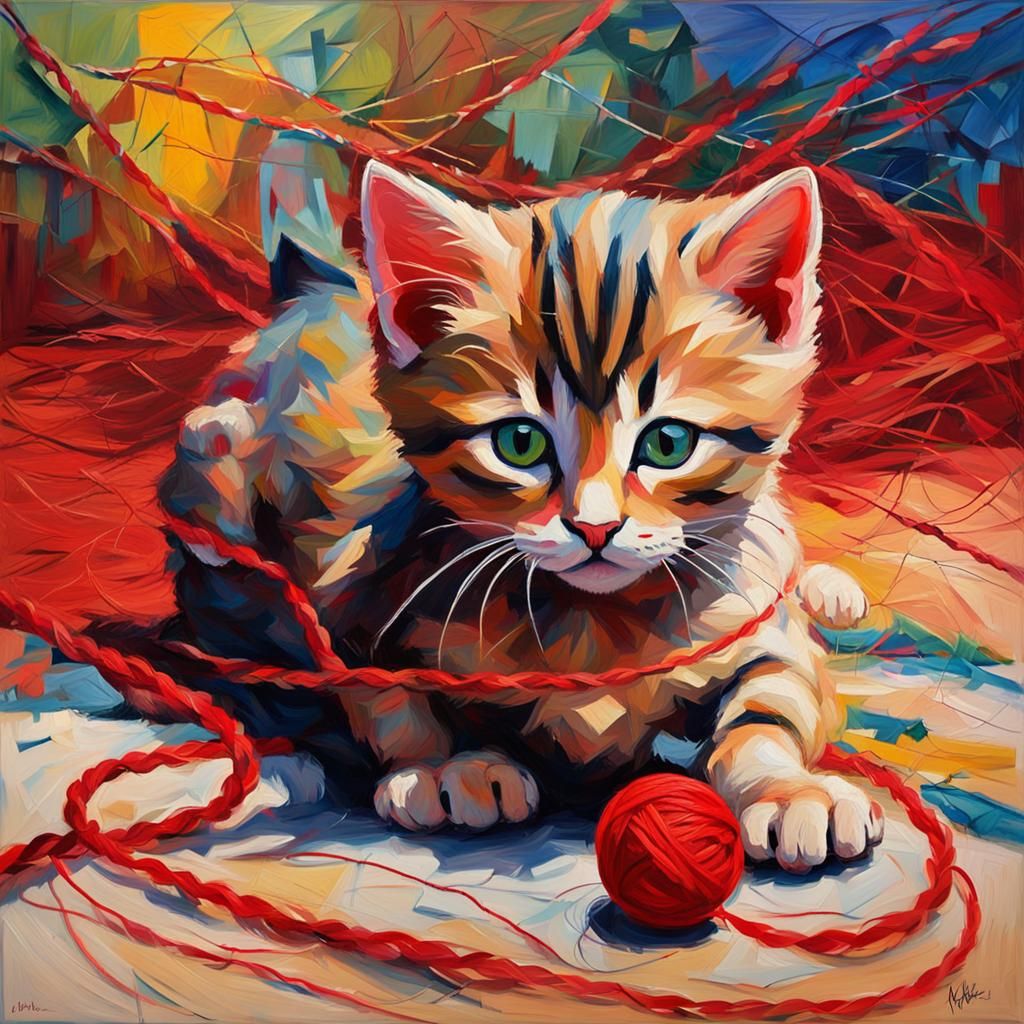 Kitten's Playful Dance: A Fauvist Impression