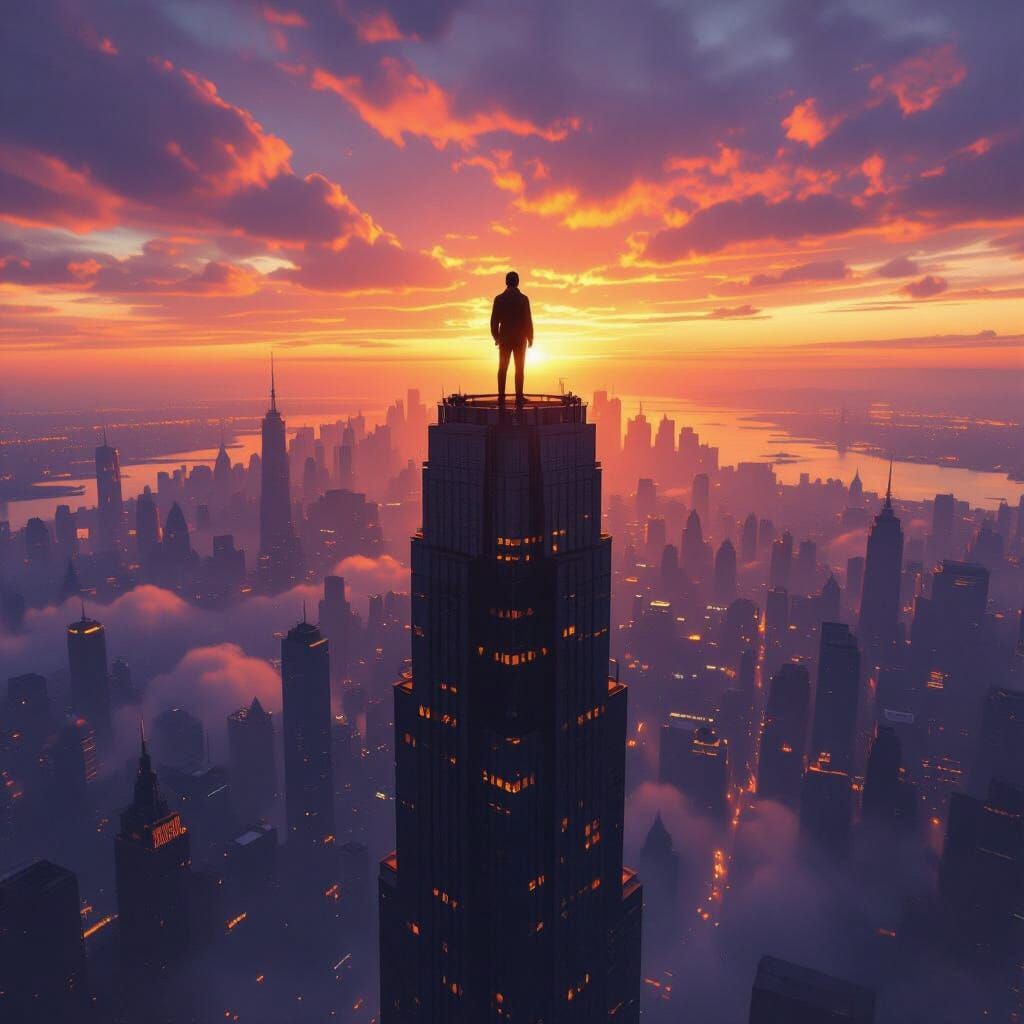 Lone Figure Over Cityscape at Sunset