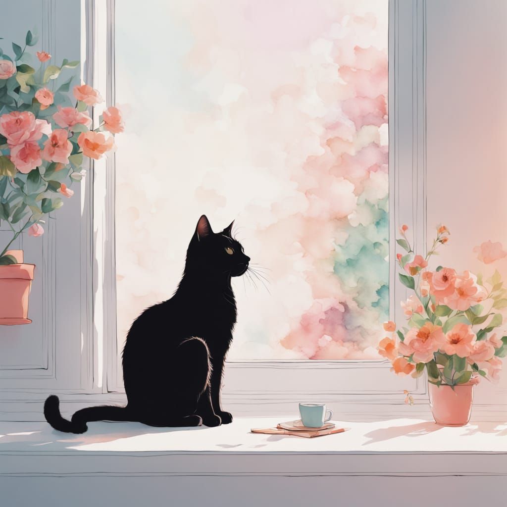 Whimsical Cat in a Heart, Soft Pastel Illustration