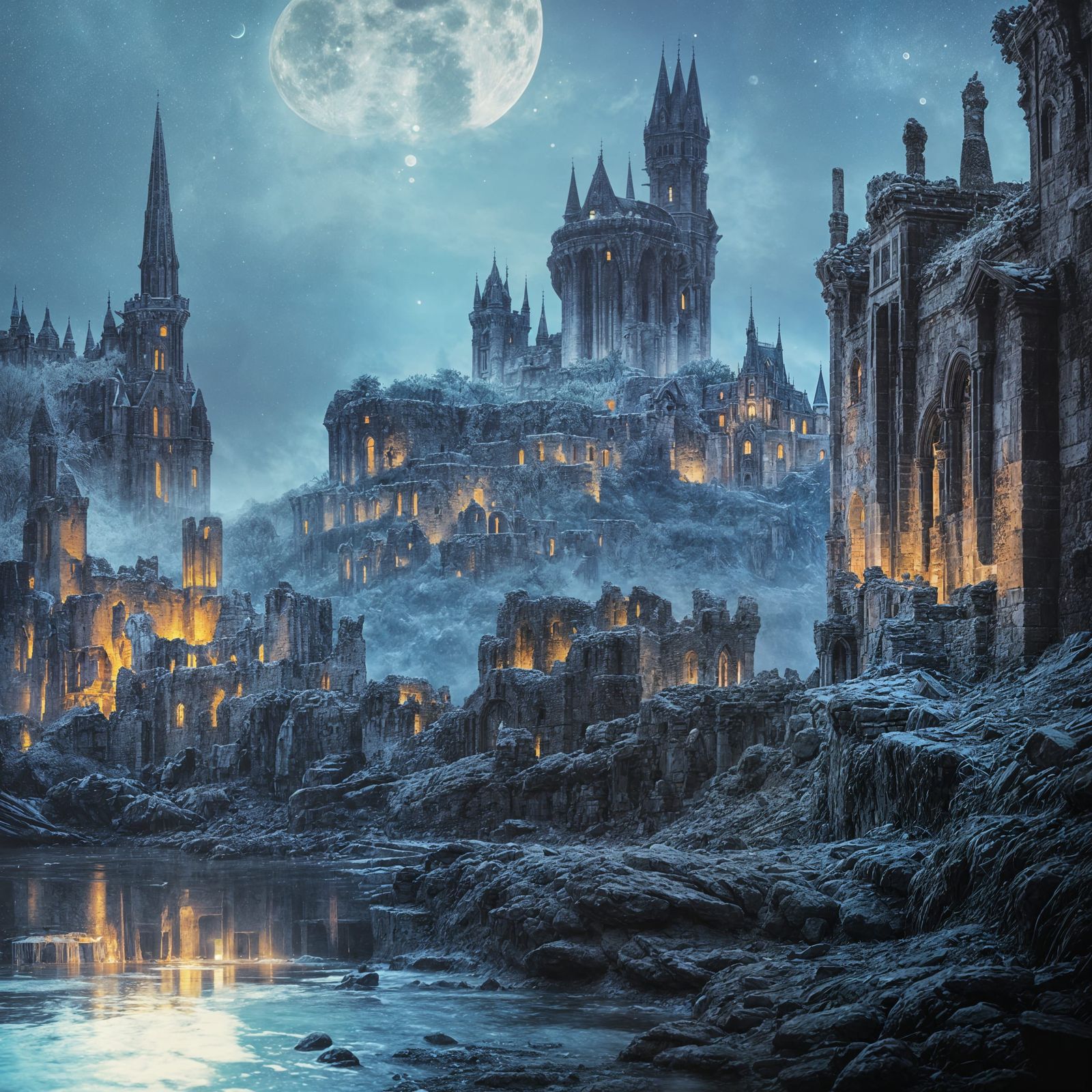Moonlit Abandoned Castle in Blue Shades