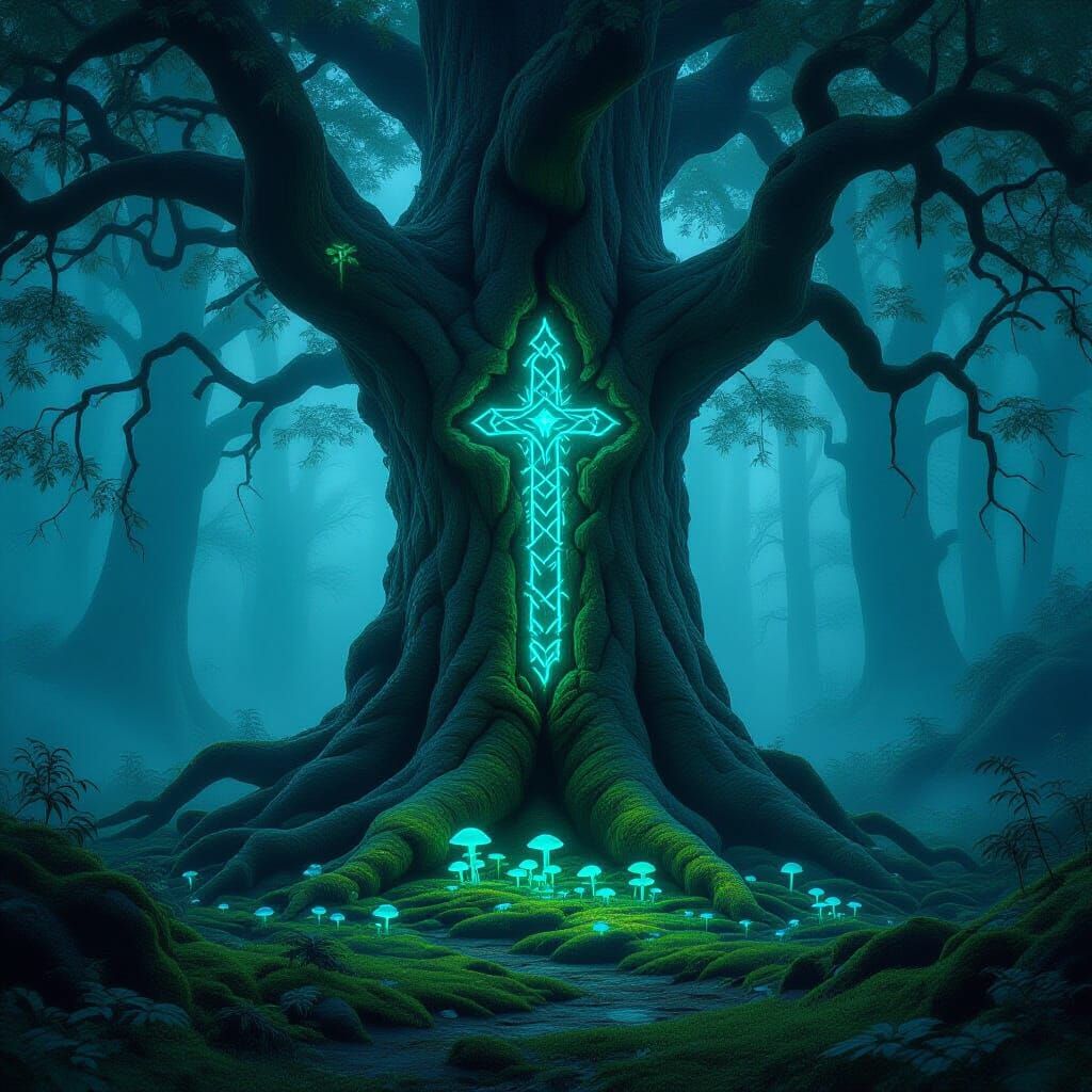 Ancient Mystical Tree in Ethereal Forest Clearing