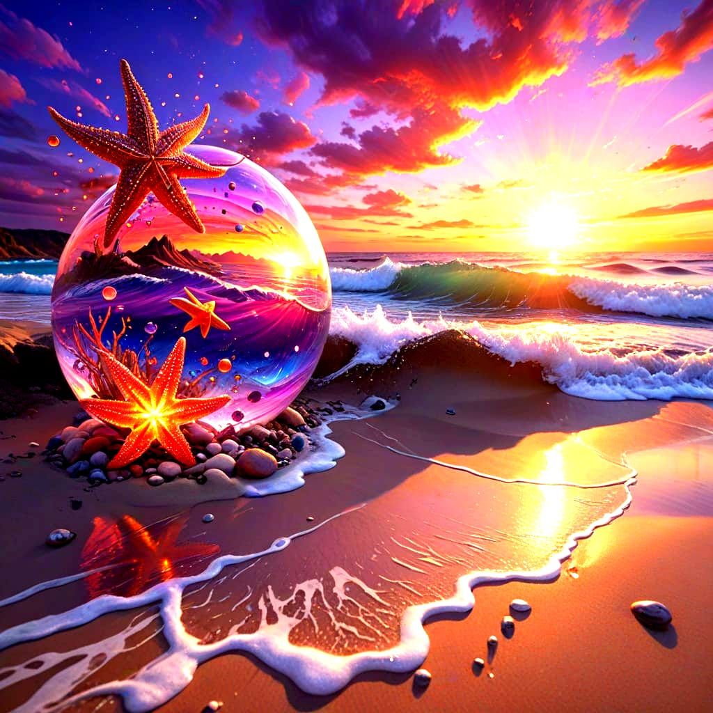 Cosmic Ocean Sunset with Glowing Starfish and Ethereal Light