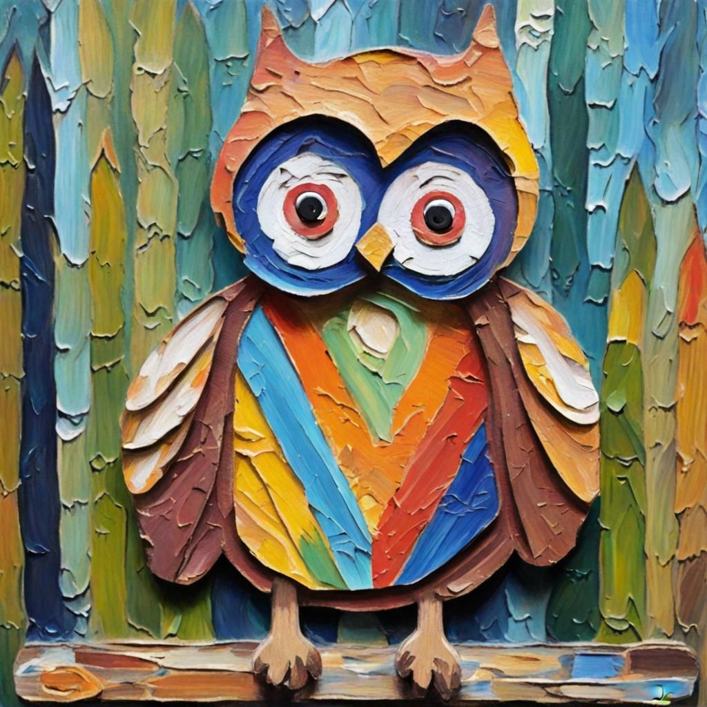 Whimsical Paper Doll Owl in Neo-Impressionist Style