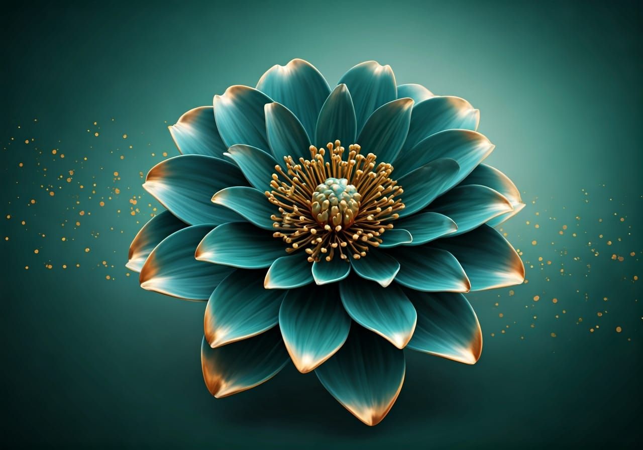 Hyper-Realistic Teal Flower with Golden Accents