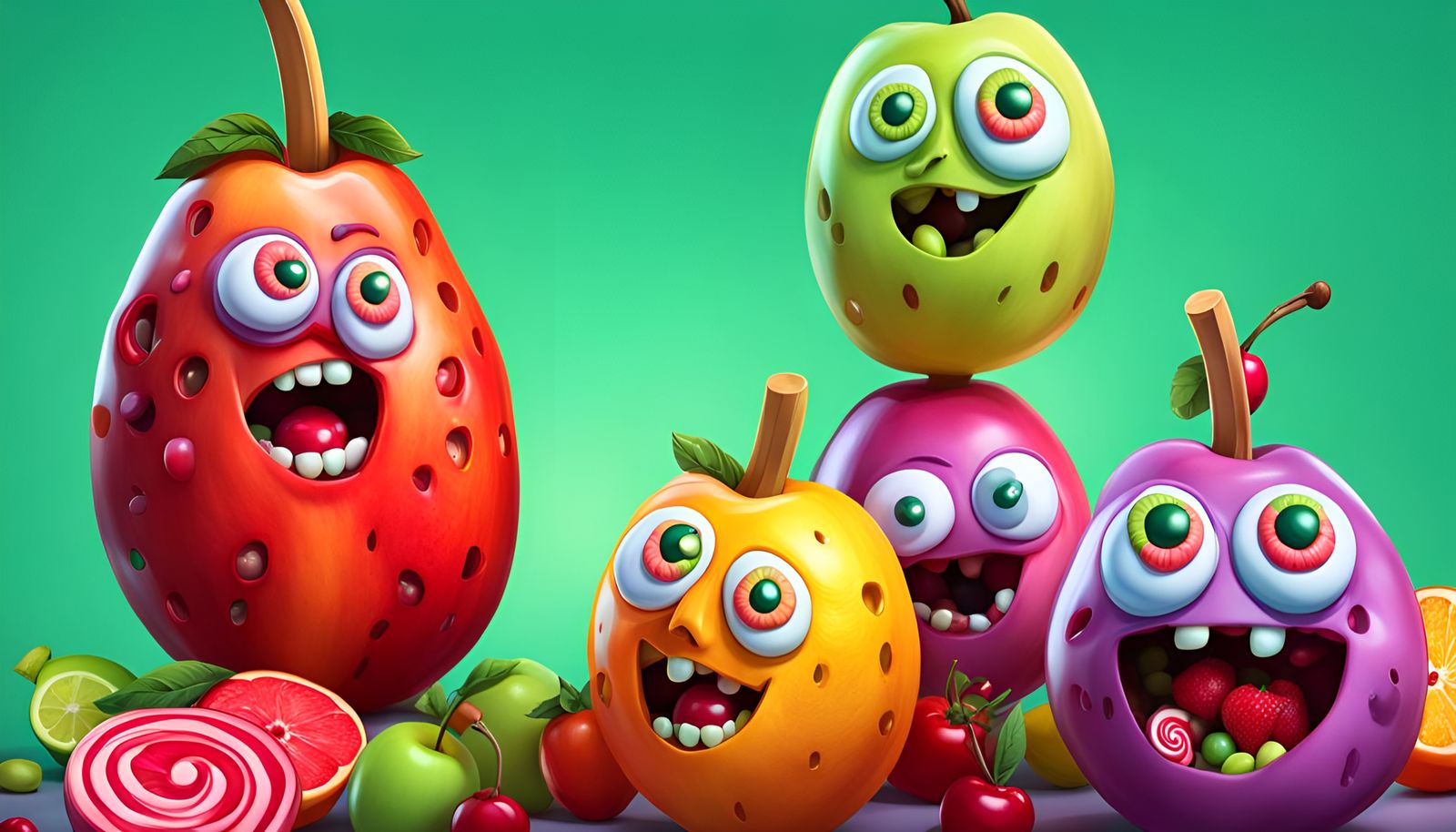 zombie cartoon characters shaped like fruits with faces Candy art style! Whimsical playful colorful! candy!!! 🍬🍭 Candy...
