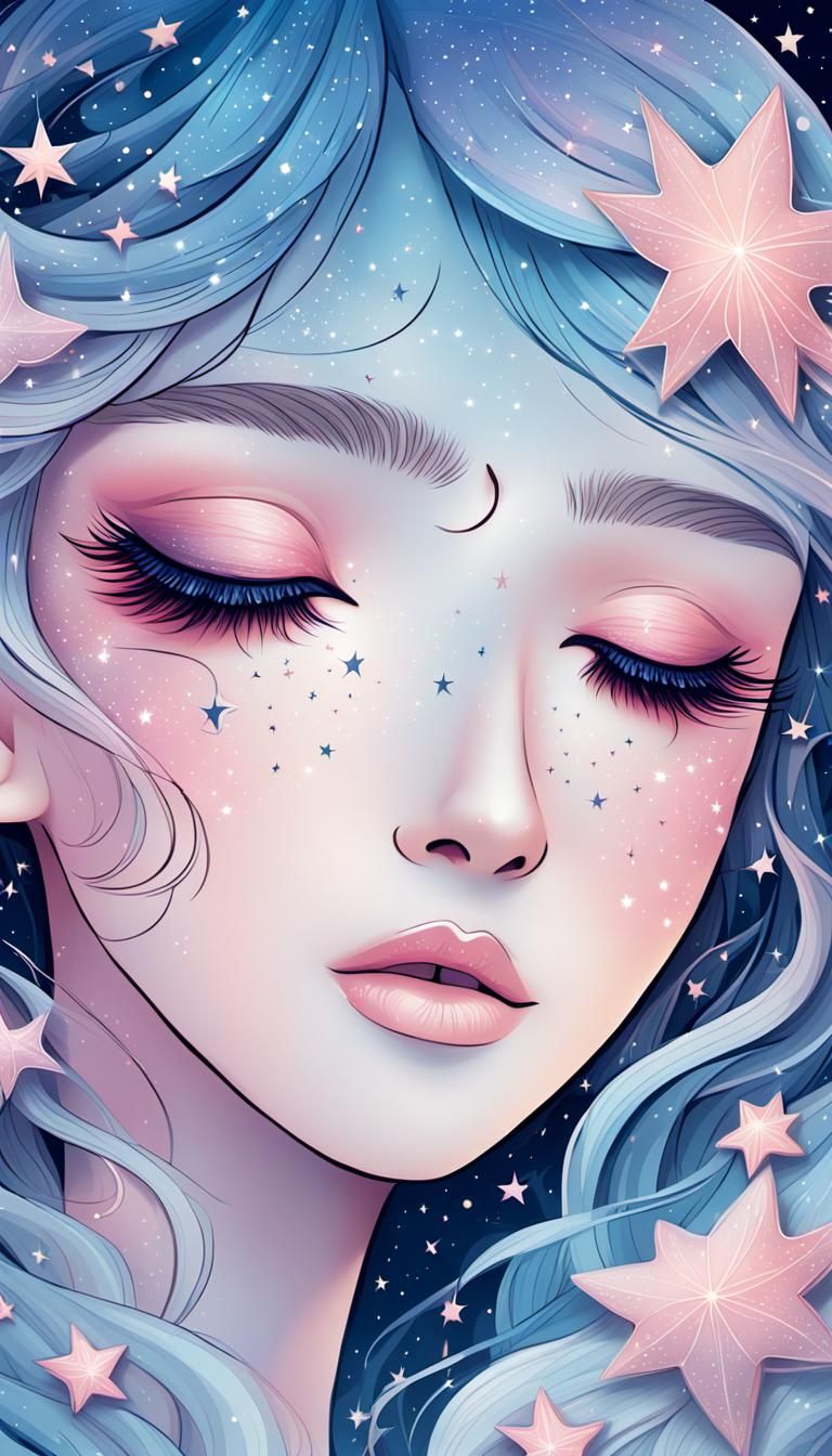 Dreamy Eyes Surrounded by Stars in Doodle Style