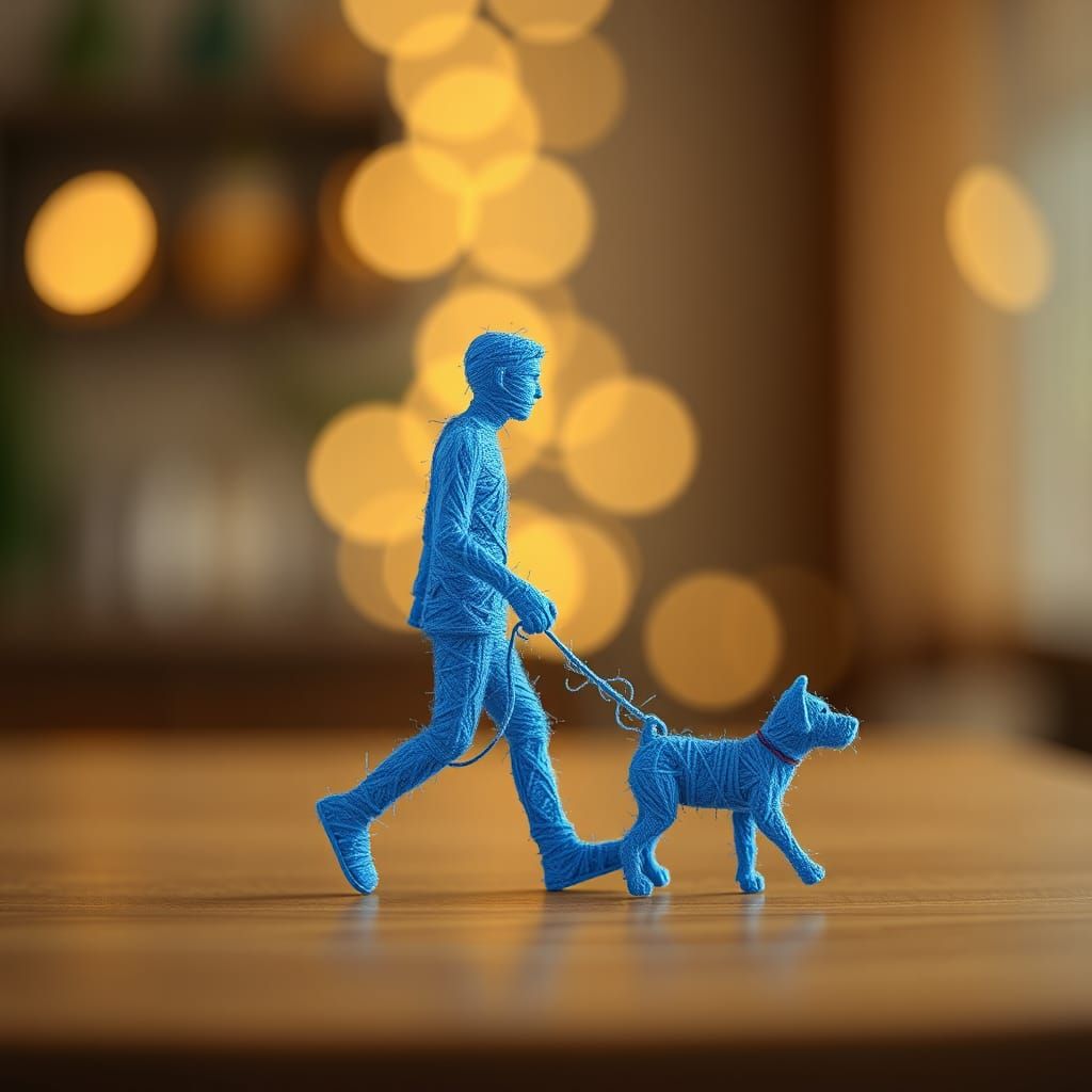 Whimsical 3D Yarn Silhouette of Man Walking Dog