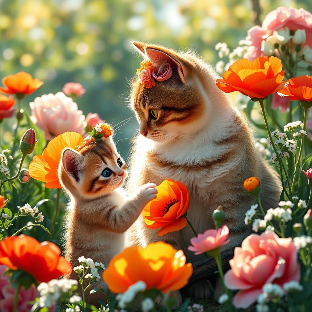 Kitten Surprises Mother Cat with Fresh Flower in Summer Gard...