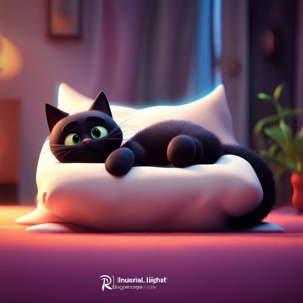 Black and White Cat in Bed: 3D Digital Art