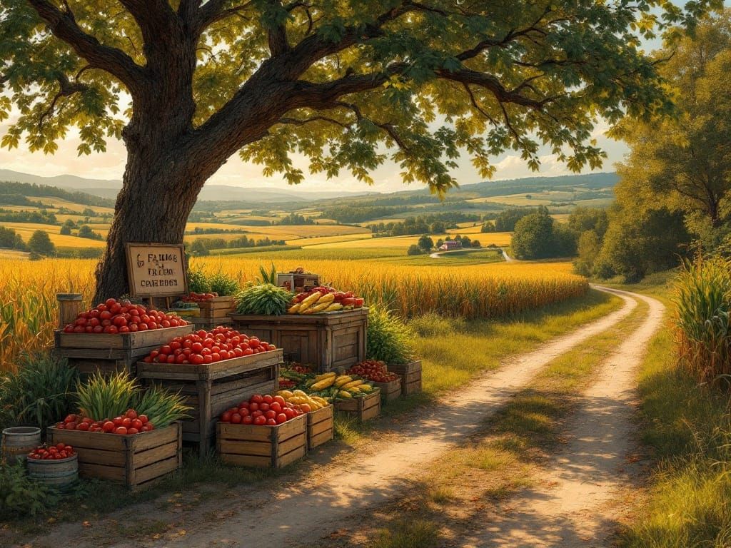 Rustic Farm Stand with Ripe Tomatoes in Golden Sunlight