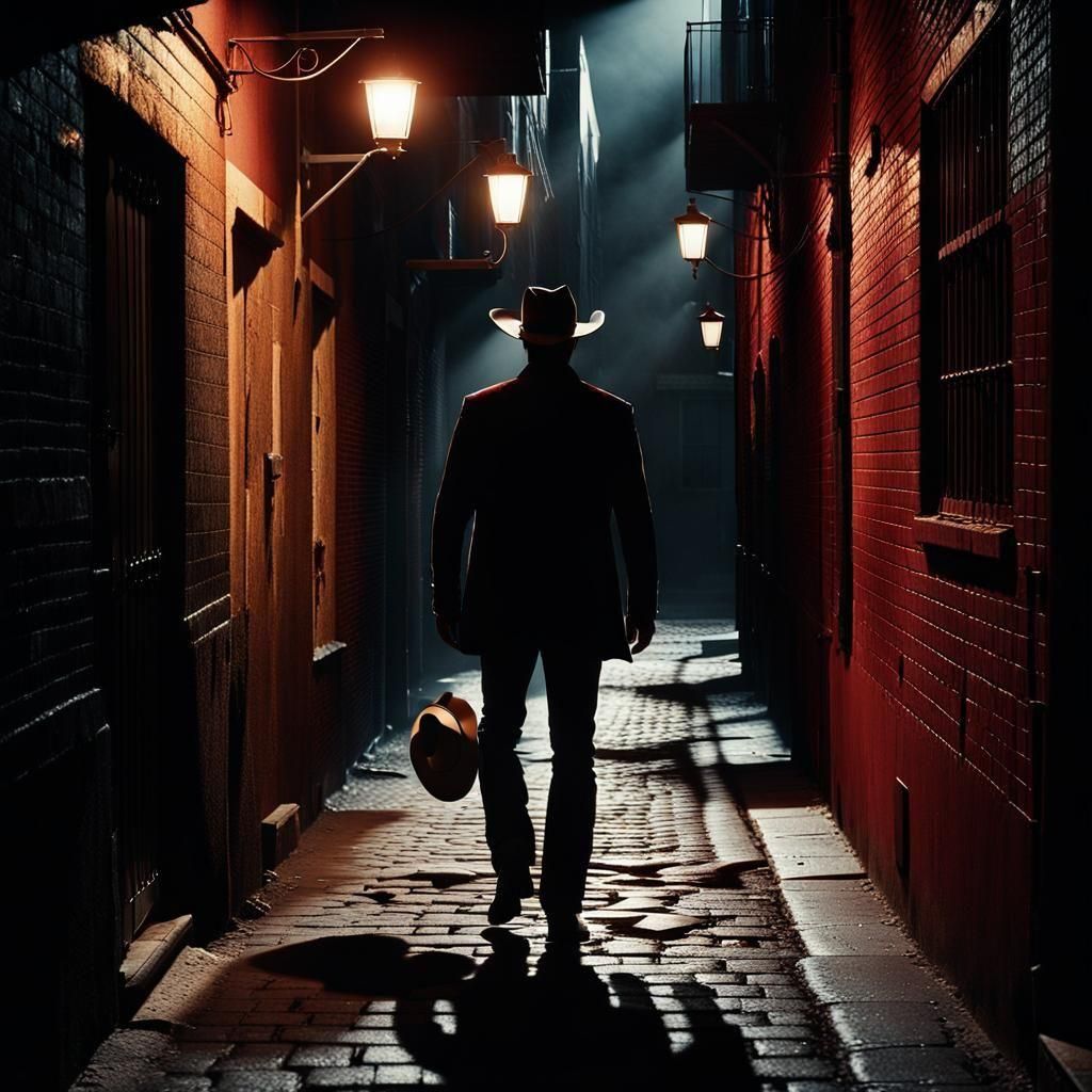 Cowboy Silhouette in Dark Alleyway with Matte Finish