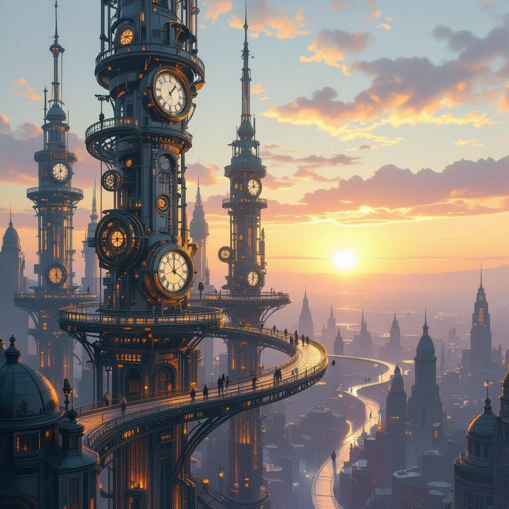 Art Nouveau Clockwork City Under Binary Sunset