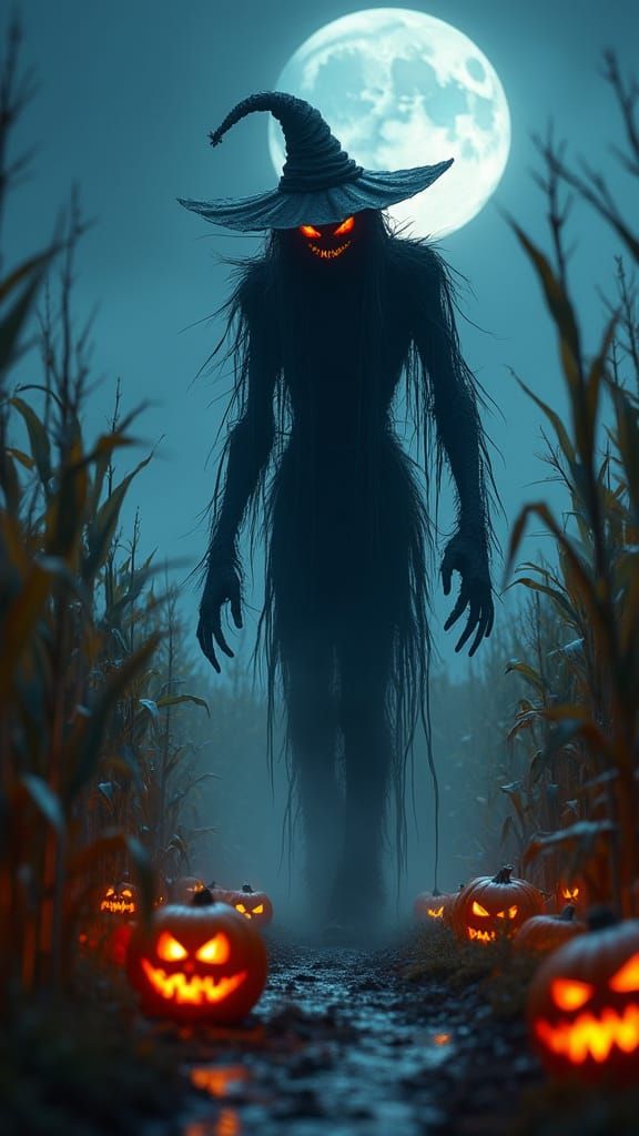 Eerie Figure in Moonlit Cornfield