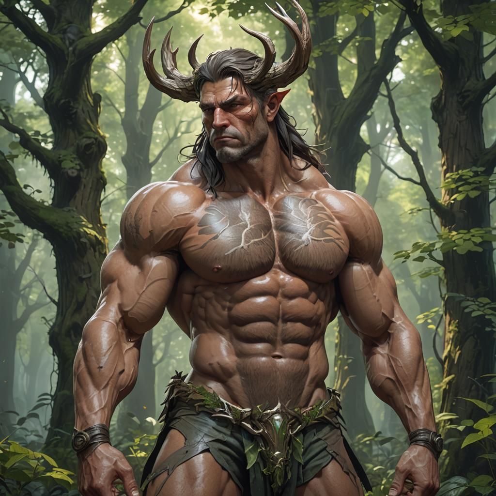Muscular Forest Guardian Portrait in Hyperdetailed Digital A...