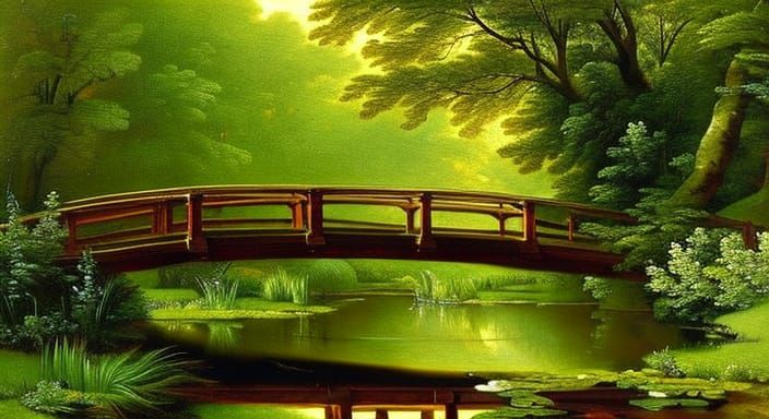 Picturesque Wood Bridge Landscape Painting