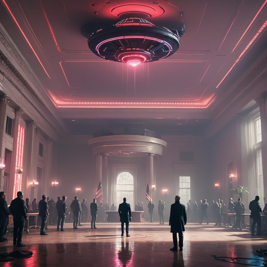Alien First Contact at White House in Cyberpunk Style