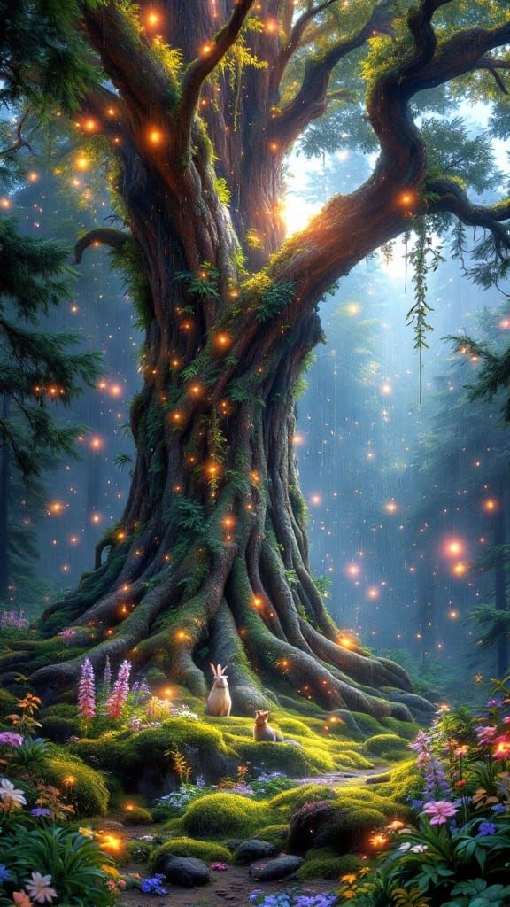 Majestic Sequoia Tree of Life in Vibrant, Ethereal Landscape