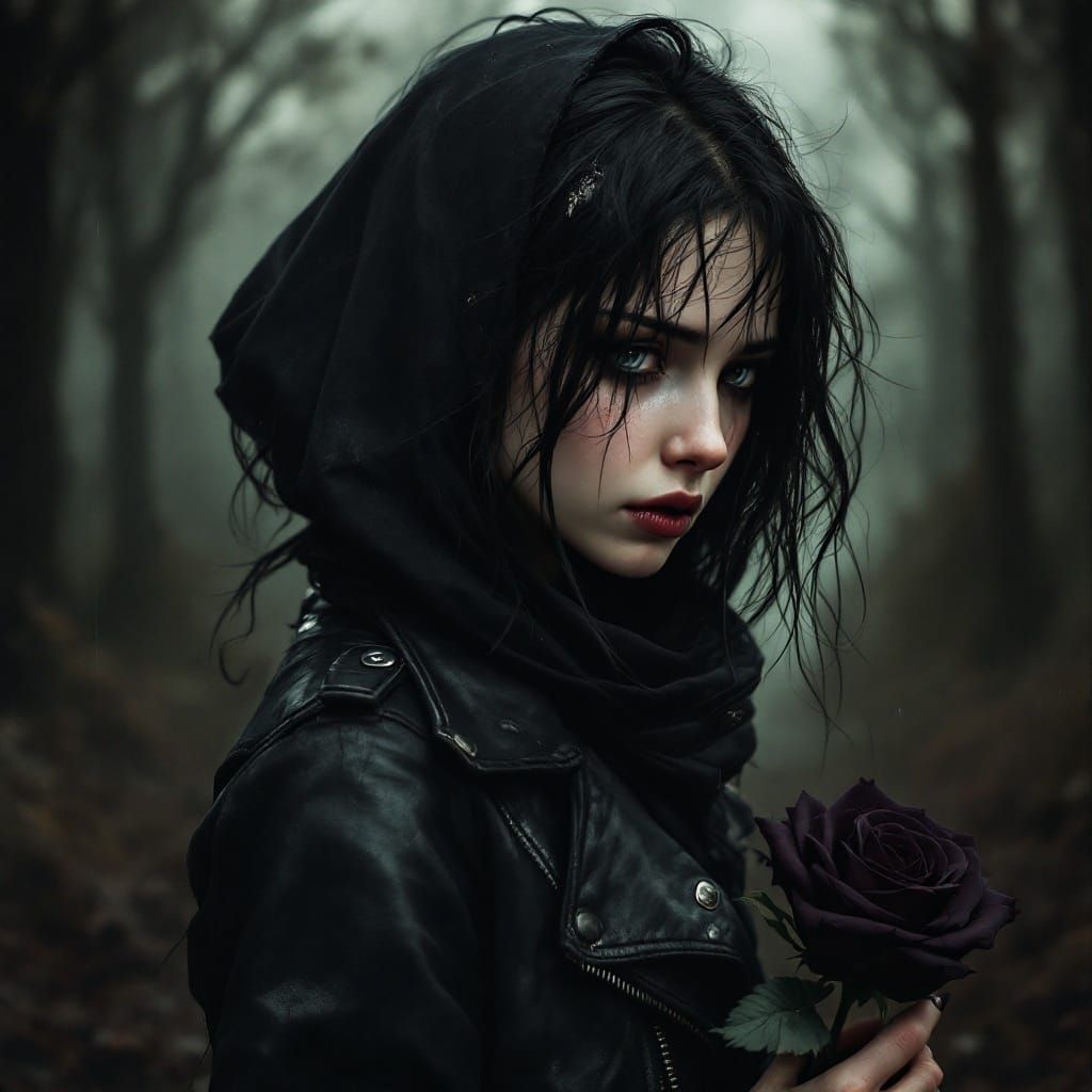 Dark Emo Girl's Melancholy Solitude in Art Nouveau Realism