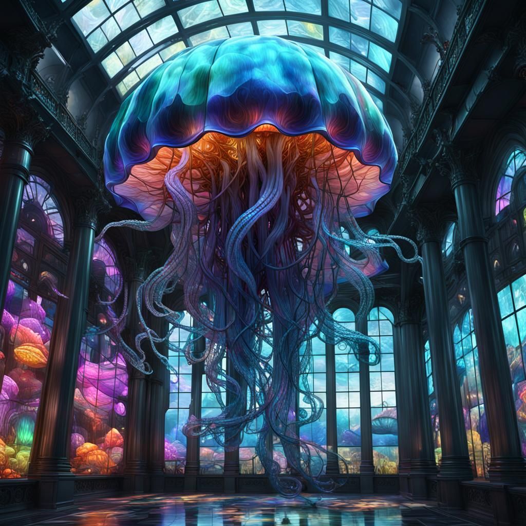 Giant Jellyfish Mandelbulb Sculpture in Surrealist Style
