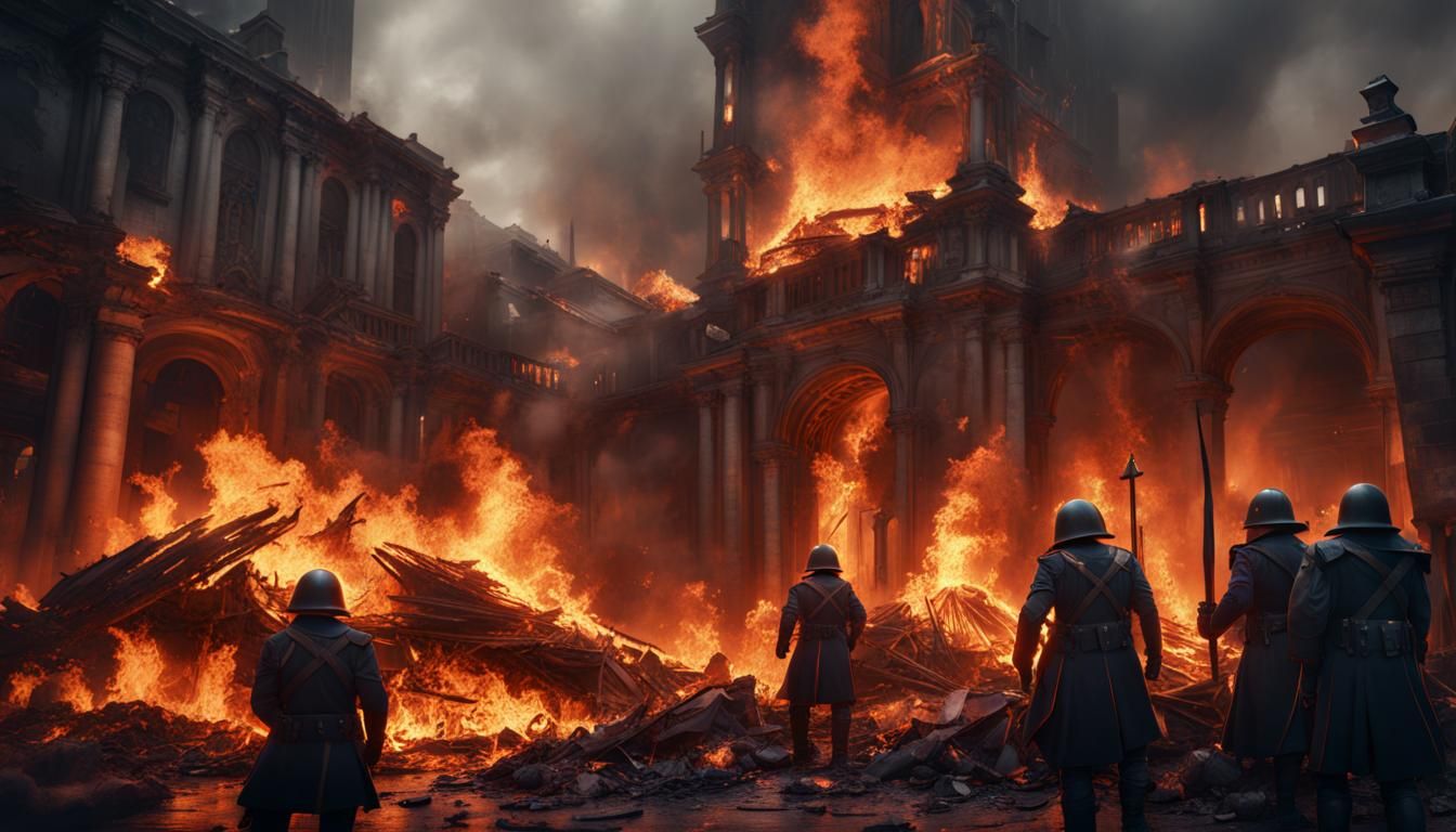 City Guards Burning Bodies: Detailed Matte Painting