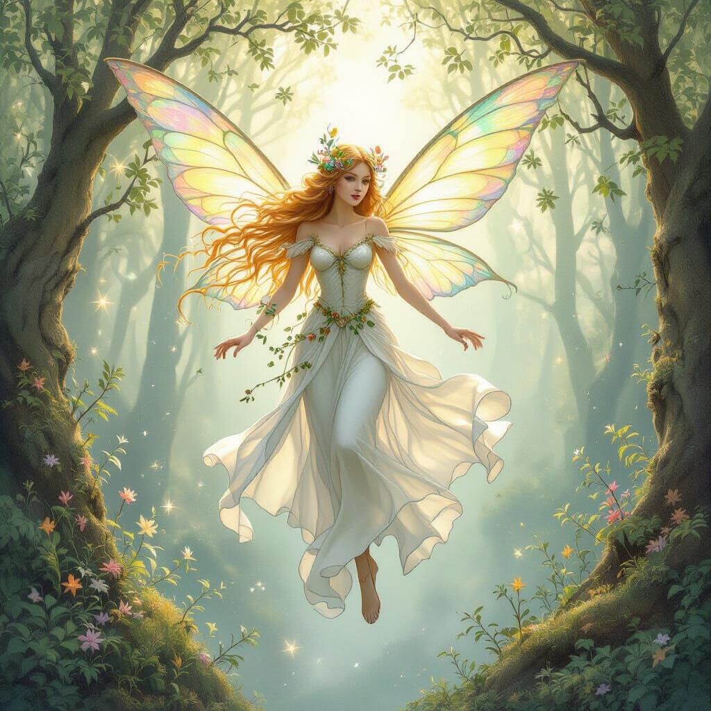 Ethereal Fairy in Enchanted Forest with Pastel Colors