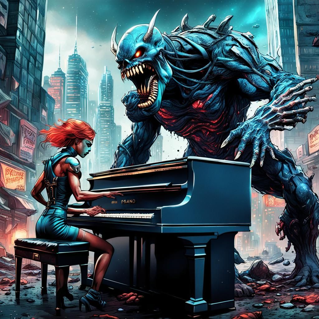 Futuristic Piano City Battle: Comic Book Cover Art