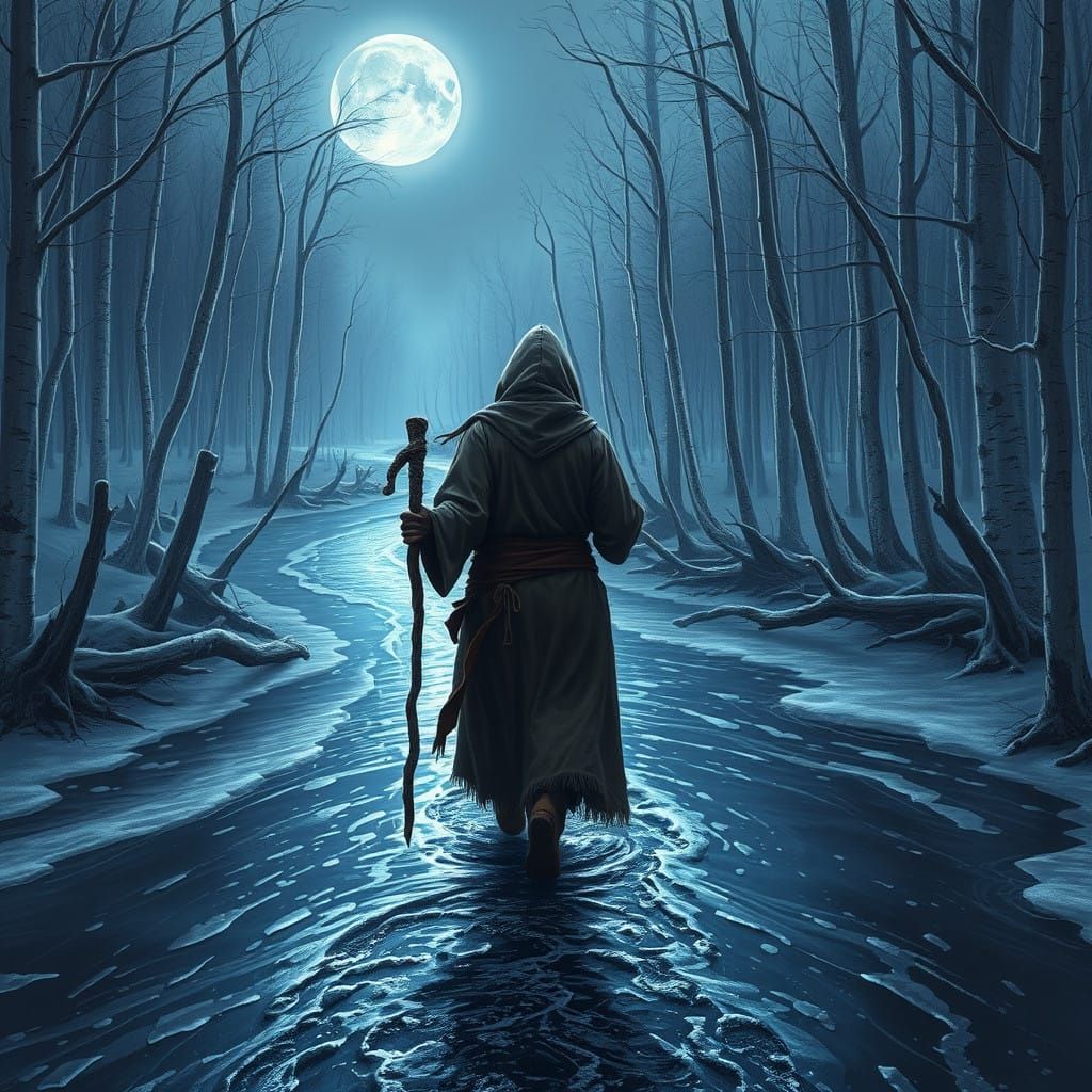 Mysterious Traveller Disappears into Frosty River Landscape