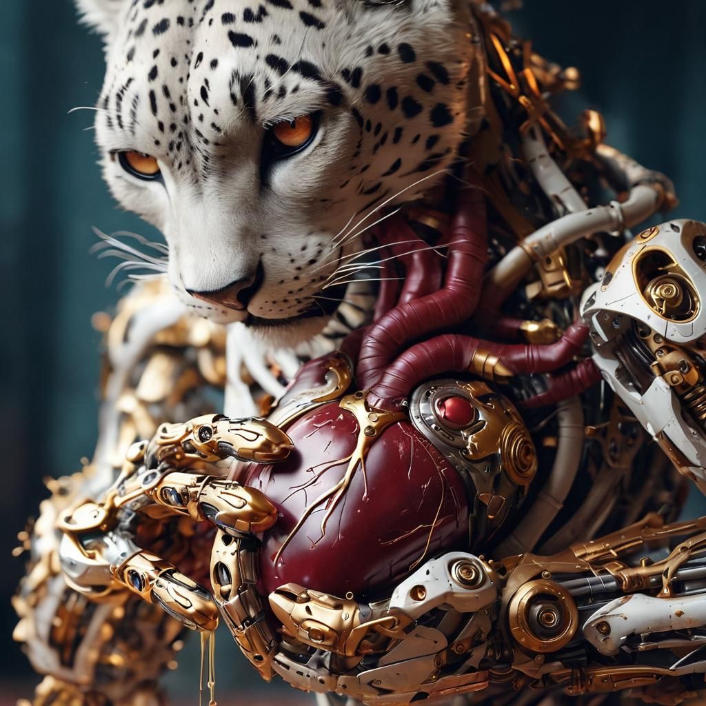 Biomechanical Snow Leopard with Cybernetic Heart