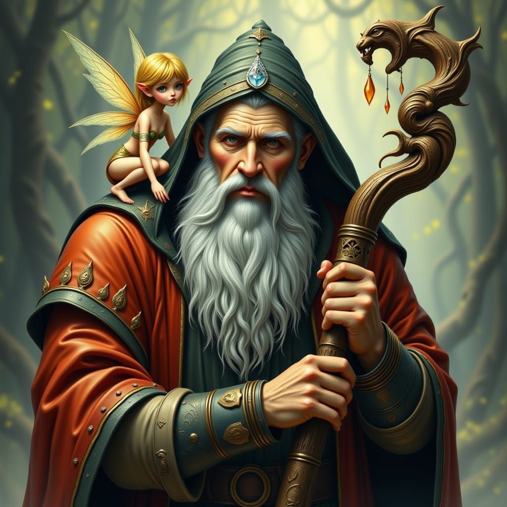 Fairy Elf Meets a Wise Giant in a Whimsical Landscape