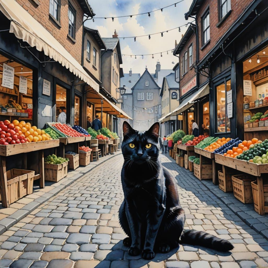 Black Cat at Outdoor Market in Watercolor Style