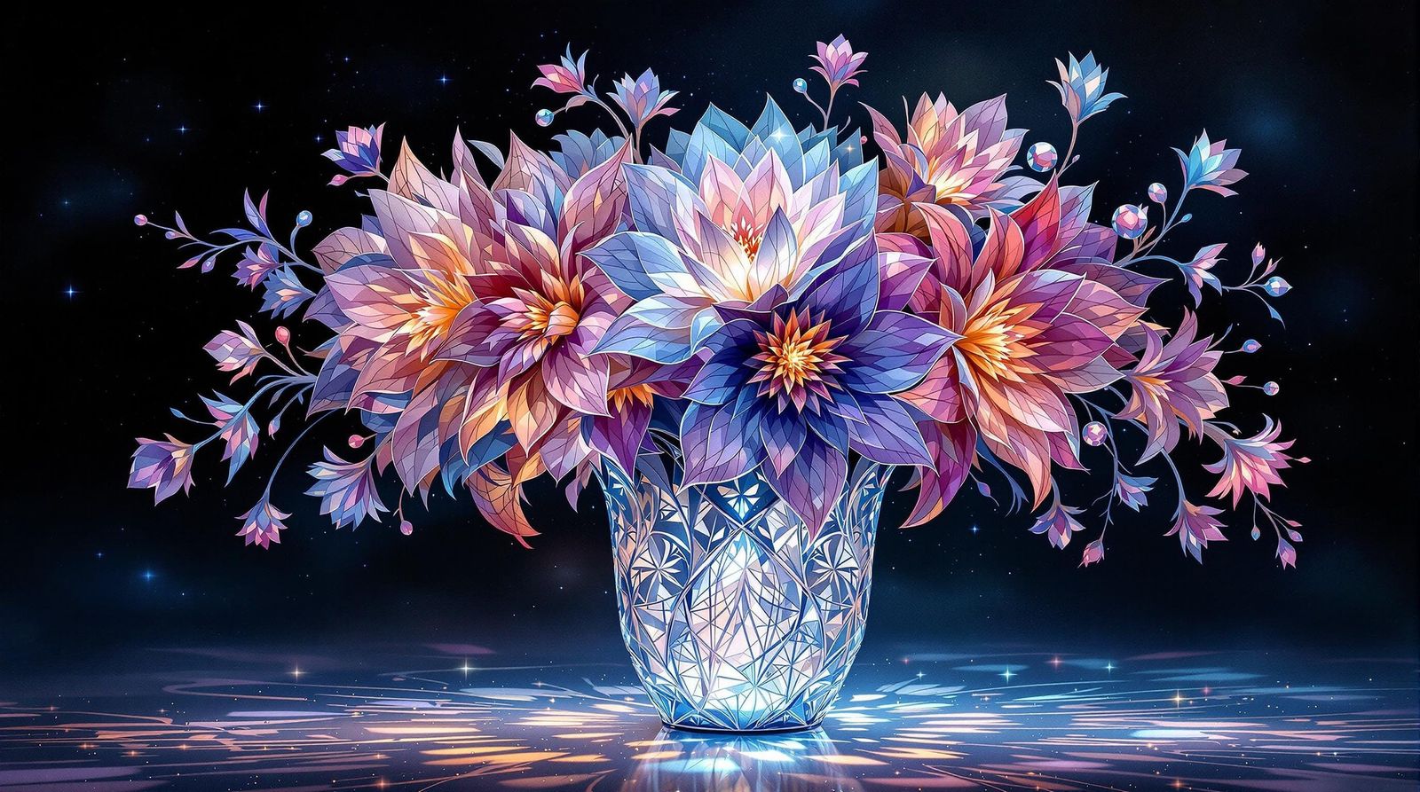 Surreal Crystal Vase Blooms with Fractal Flowers in Dreamlik...