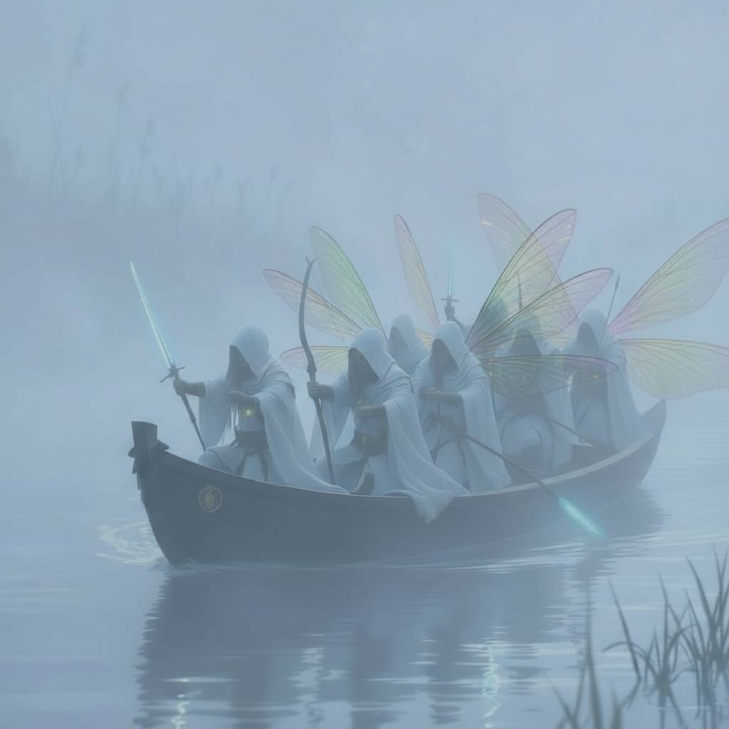 Elven Fairy Warriors in Foggy Morning Boat