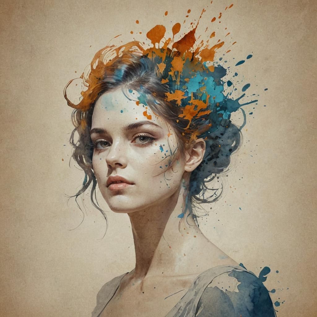 Double Exposure Woman in Ink and Watercolor Style