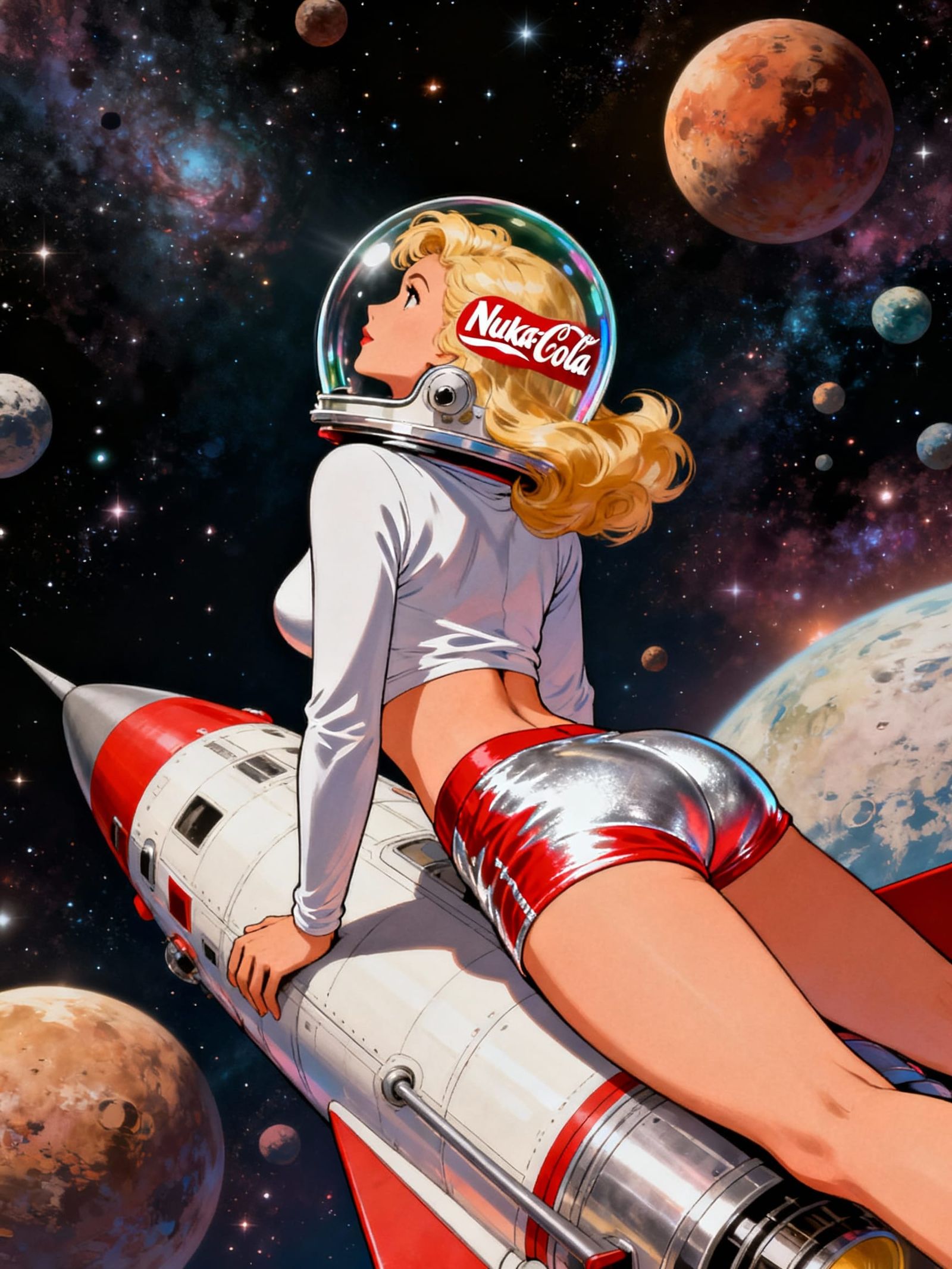 Nuka-Lady Poses on Rocket in Vivid Manga Style