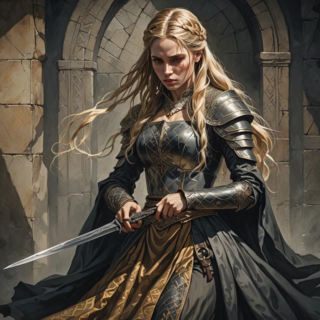 Dark Fantasy Woman with Knife in Golden Light