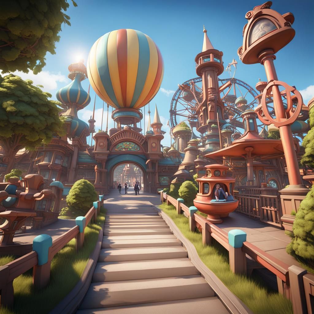 Energetic Theme Park Scene in Trending 3D Style