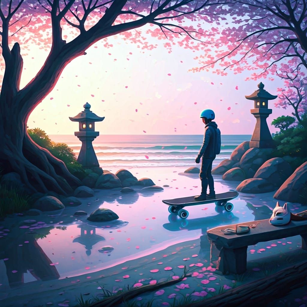Dreamlike Japanese Garden with Electric Skateboard, Cyberpun...