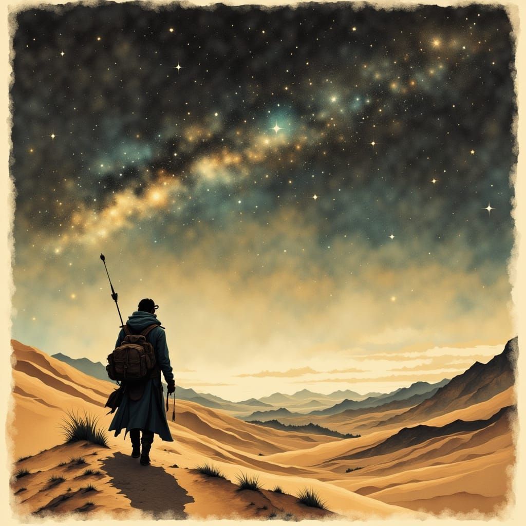 Sahara Desert Dawn Sketch with Visible Stars