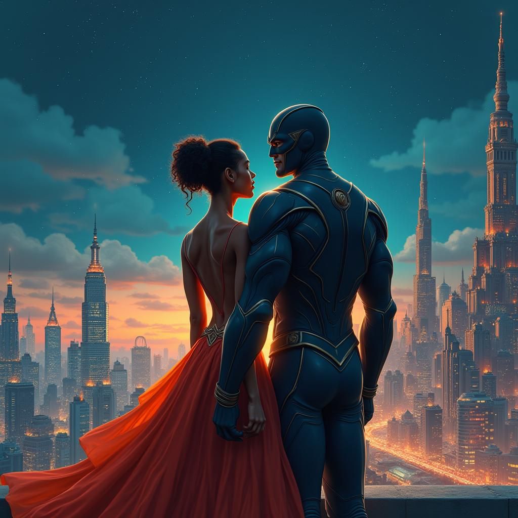 Superhero and Woman Overlook Metropolis in Detailed Digital ...