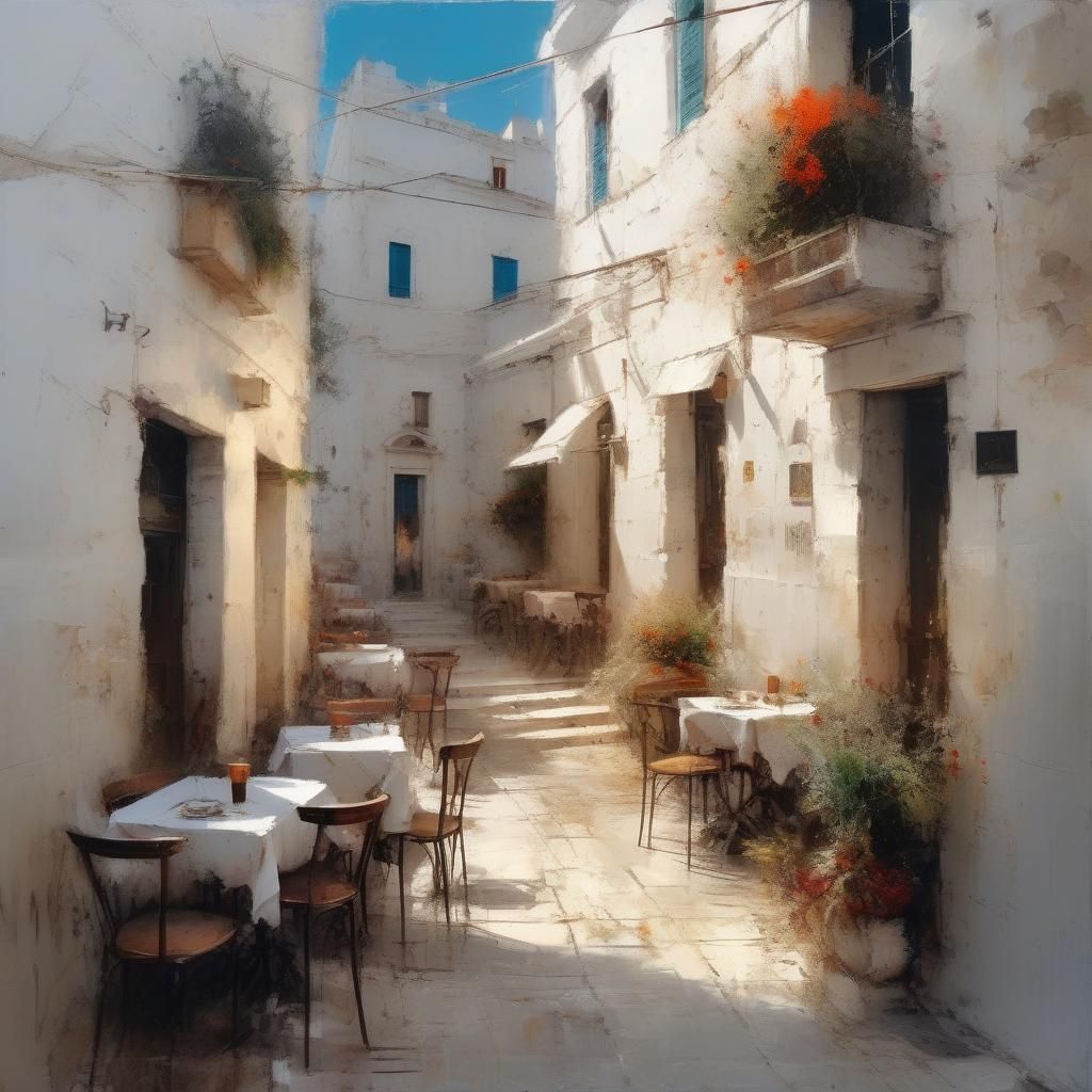 white city of Ostuni Italy pebble street with ((side walk ca...