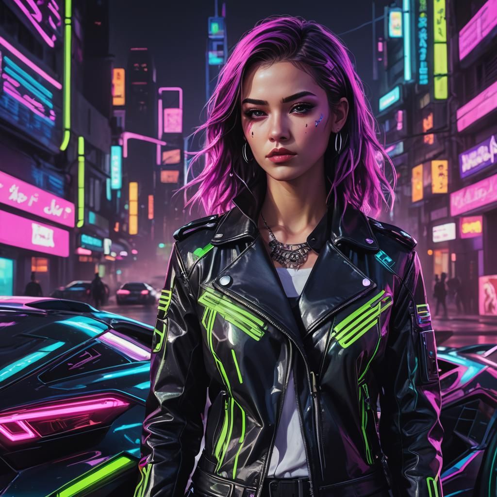 Cyberpunk Girl and Supercar in Digital Art Style