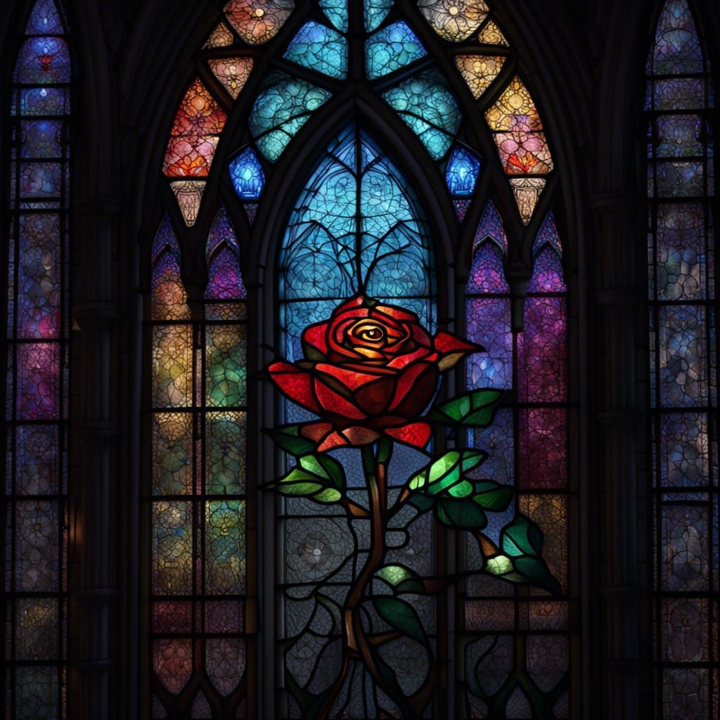 Glowing Stained Glass Rose in Gothic Window