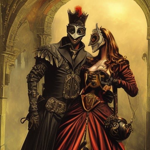 Steampunk Masquerade Ball in Gothic Castle: Comic Book Art