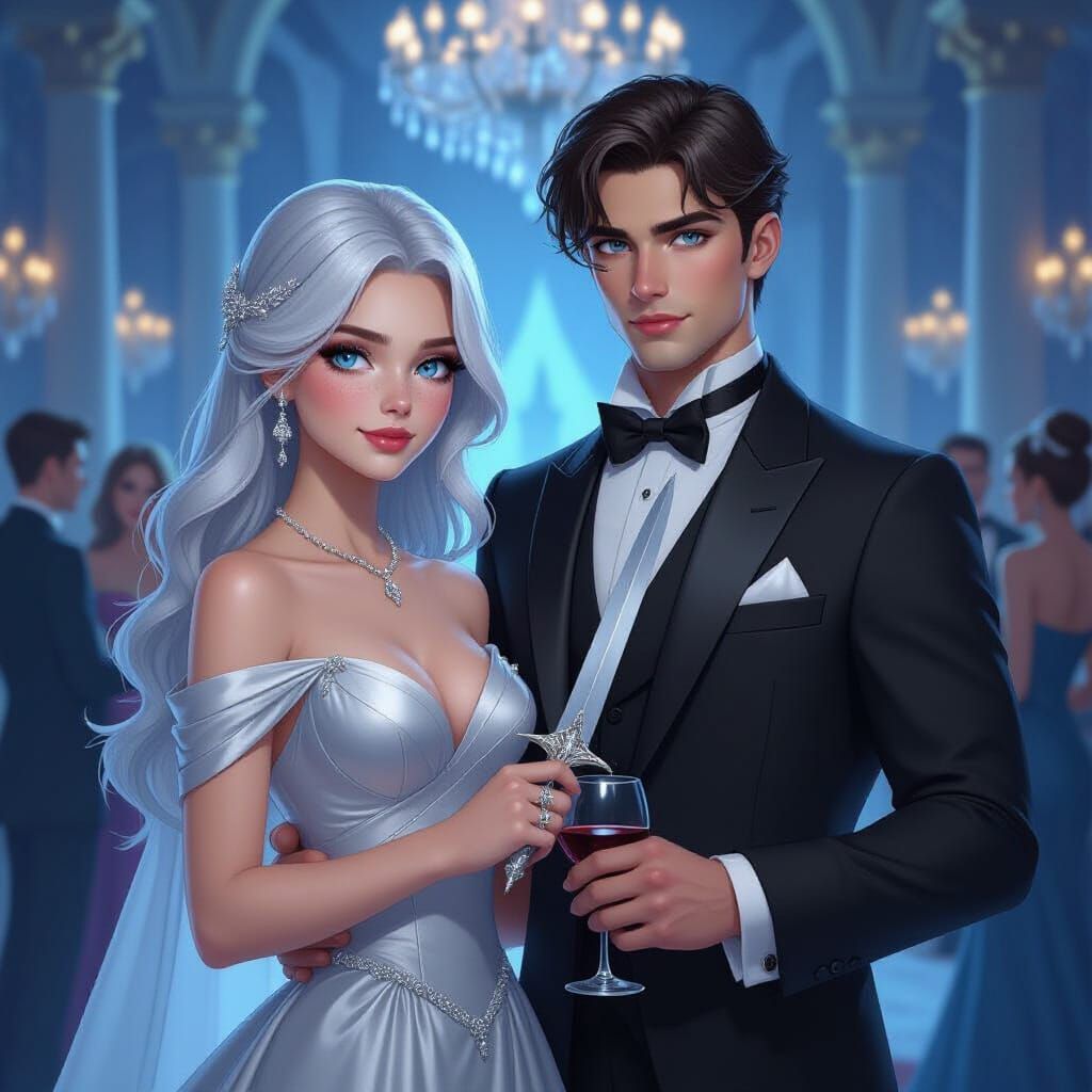 Elegant Couple at Grand Ball in Futuristic Style