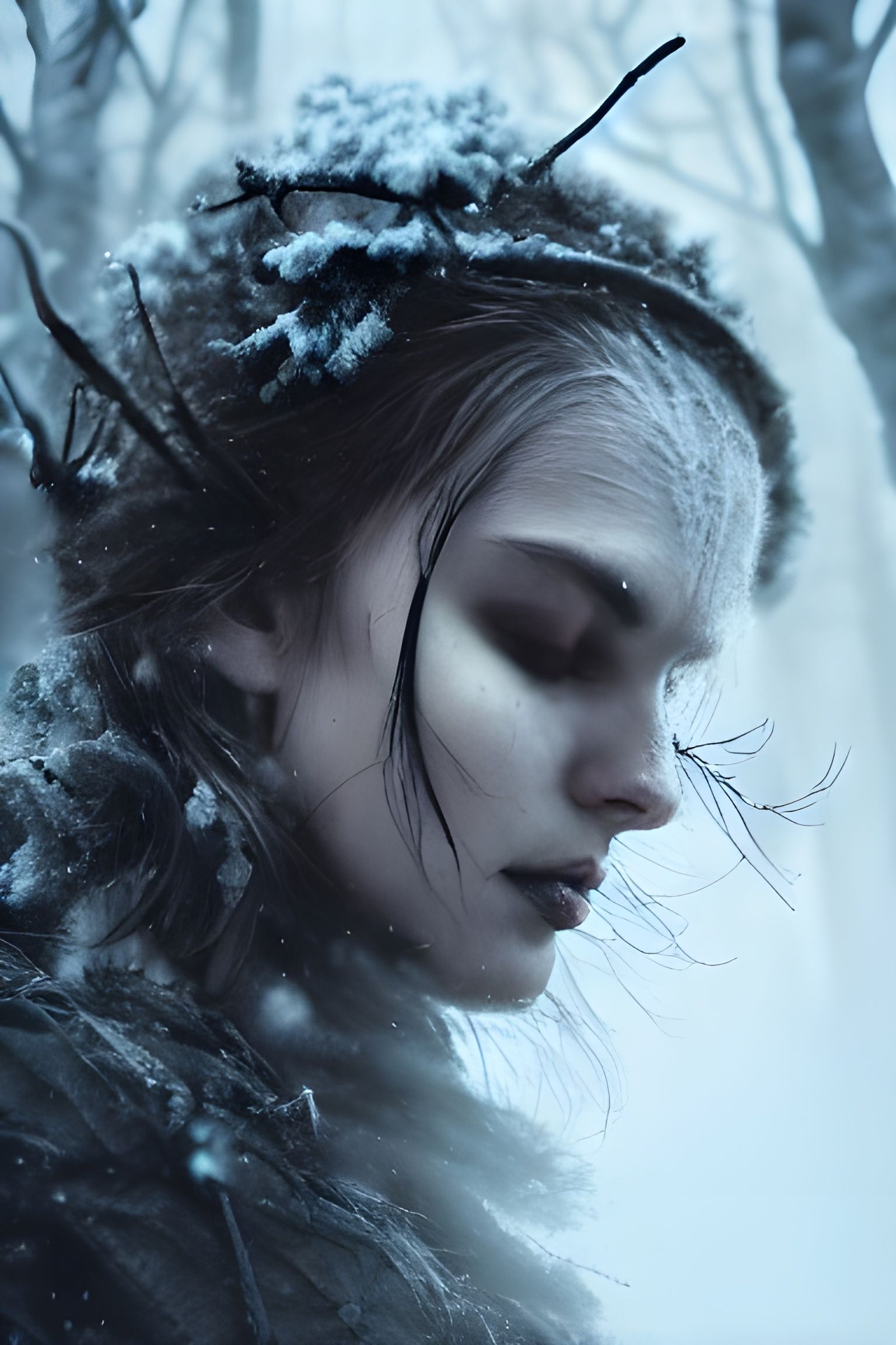 Dark Winter Witch in Dystopian Landscape