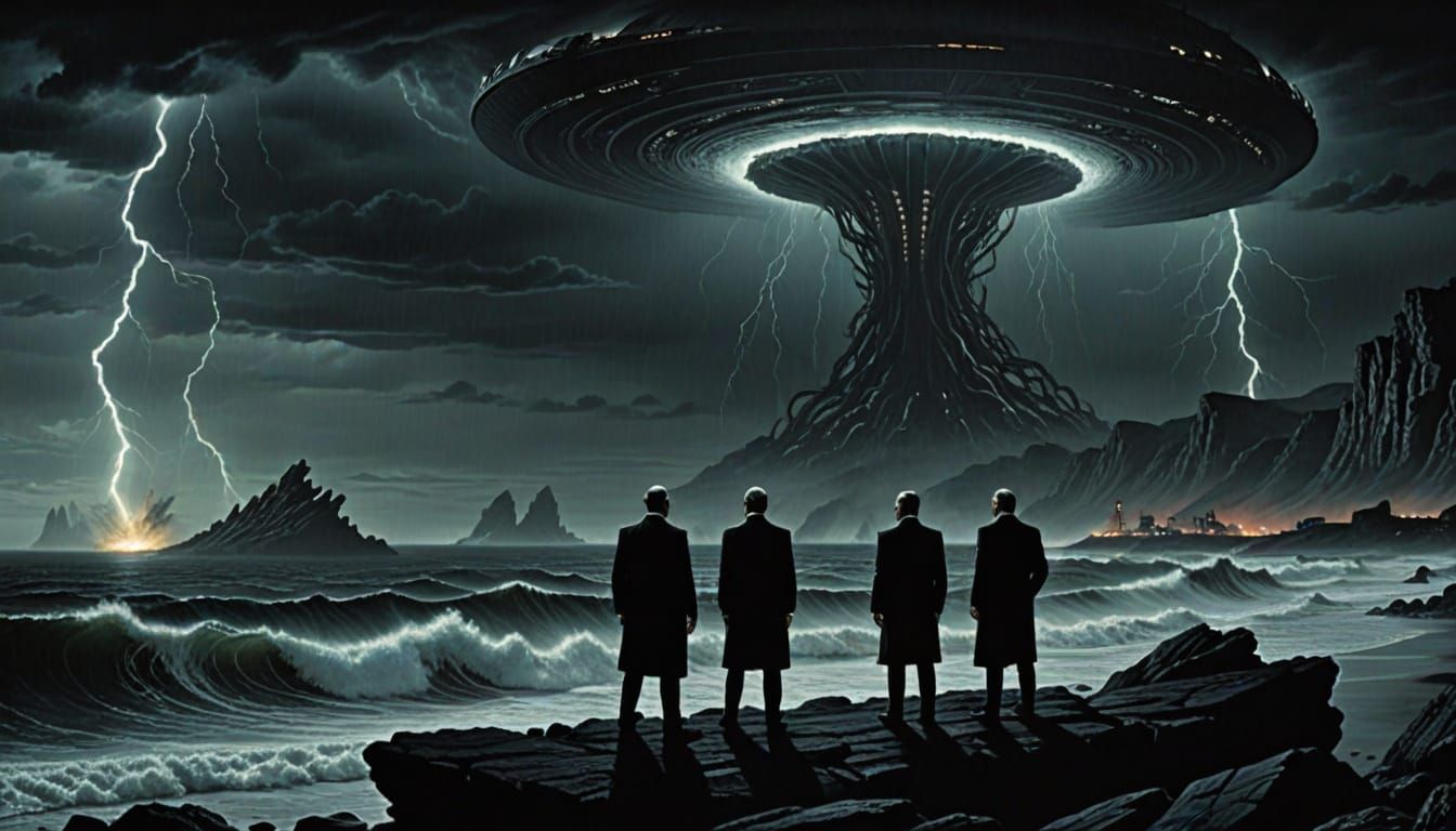 Men in Black Observe Glowing Tsunami Wave