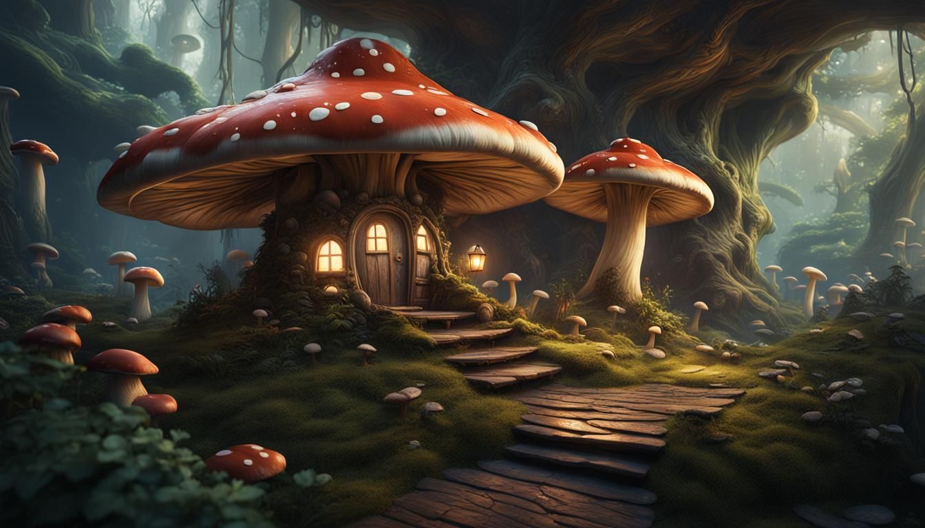 Inside a Mushroom House: Detailed Matte Painting
