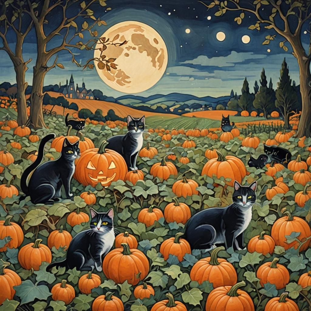 Cats in Pumpkin Field: Whimsical Gouache Painting