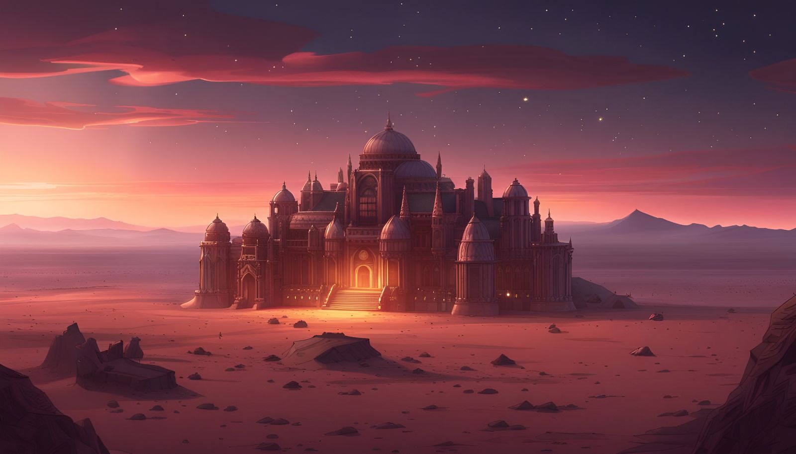 Anime Palace in Desert Under Starry Sunset