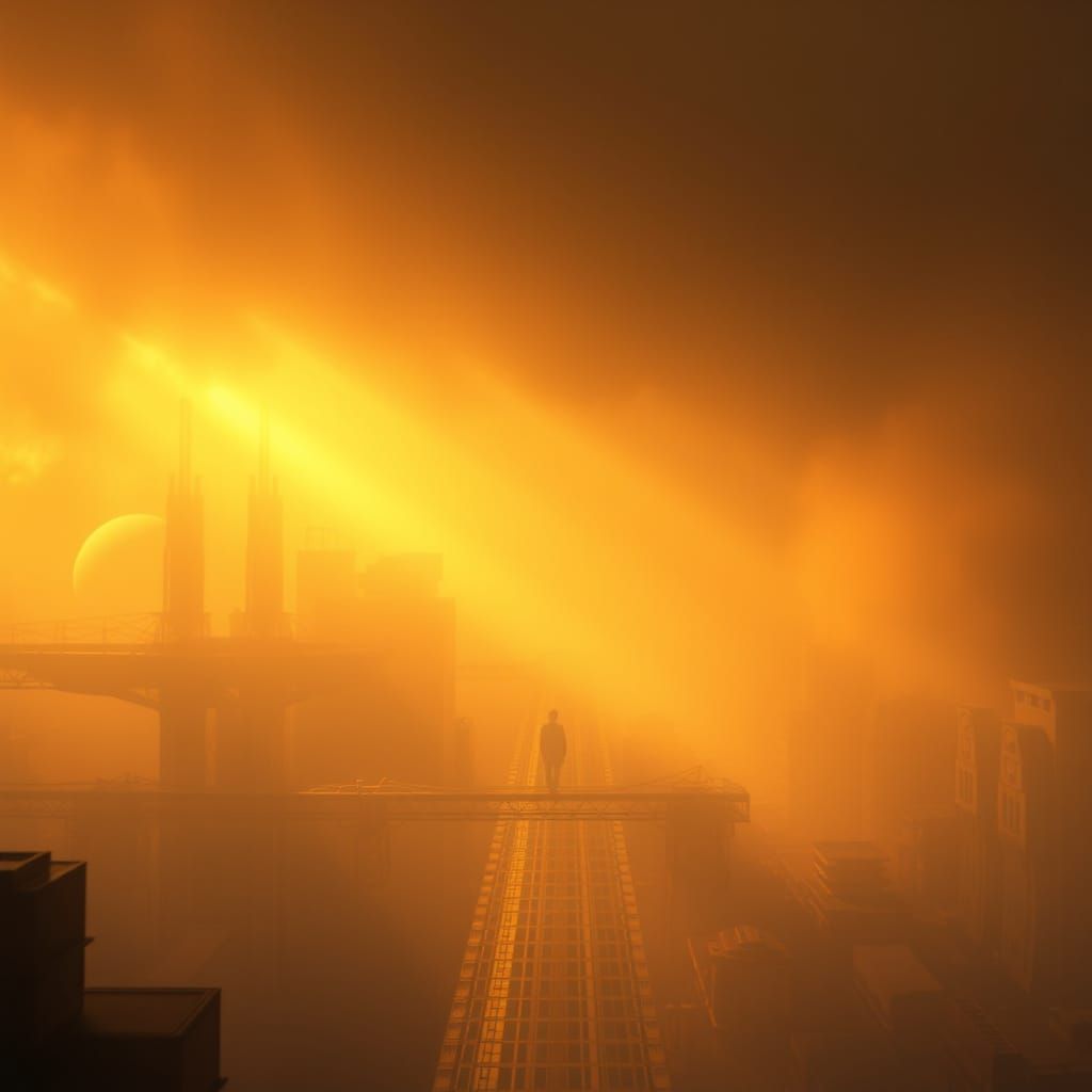 Dreamlike Future Cityscape with Golden Hour Light